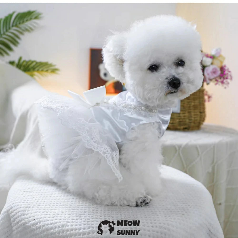 White Pearlescent Wedding Dress Pet Clothes Dog Skirt Princess Dress