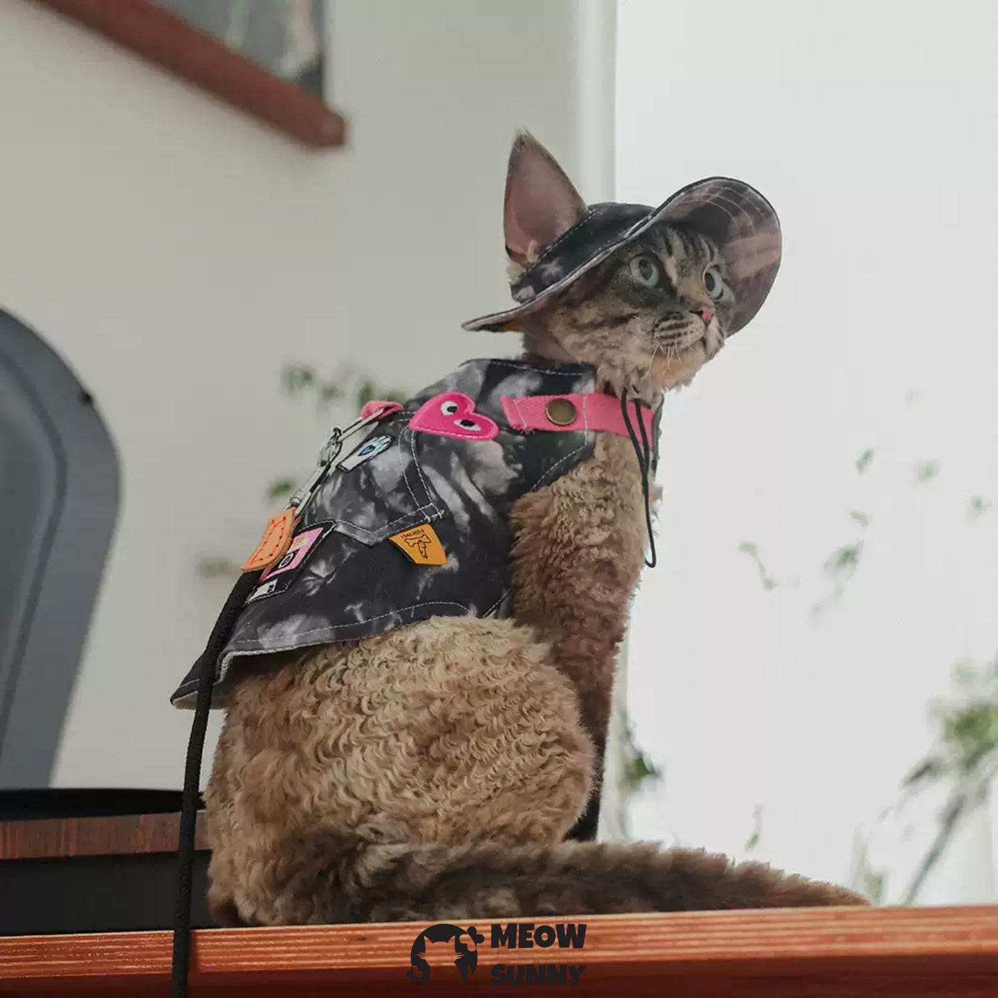 Outdoor Camping Tie-Dye Denim Cat Costume with hat /Leashes& Harnesses set
