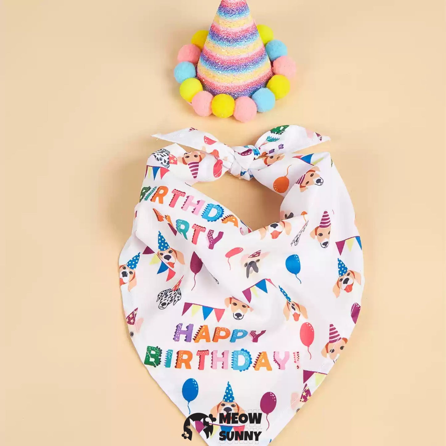 Happy Birthday Dog & Cat Hat and Triangle Bib, Medium