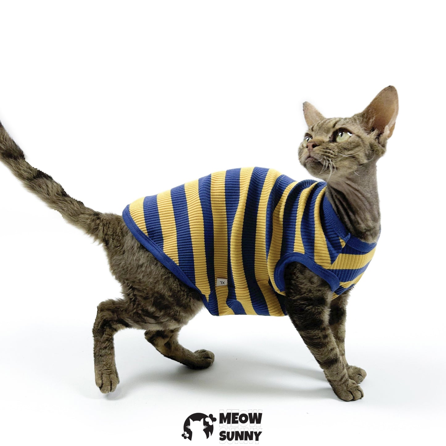 Striped Dog & Cat Polo Shirt, Yellow & Navy, Small