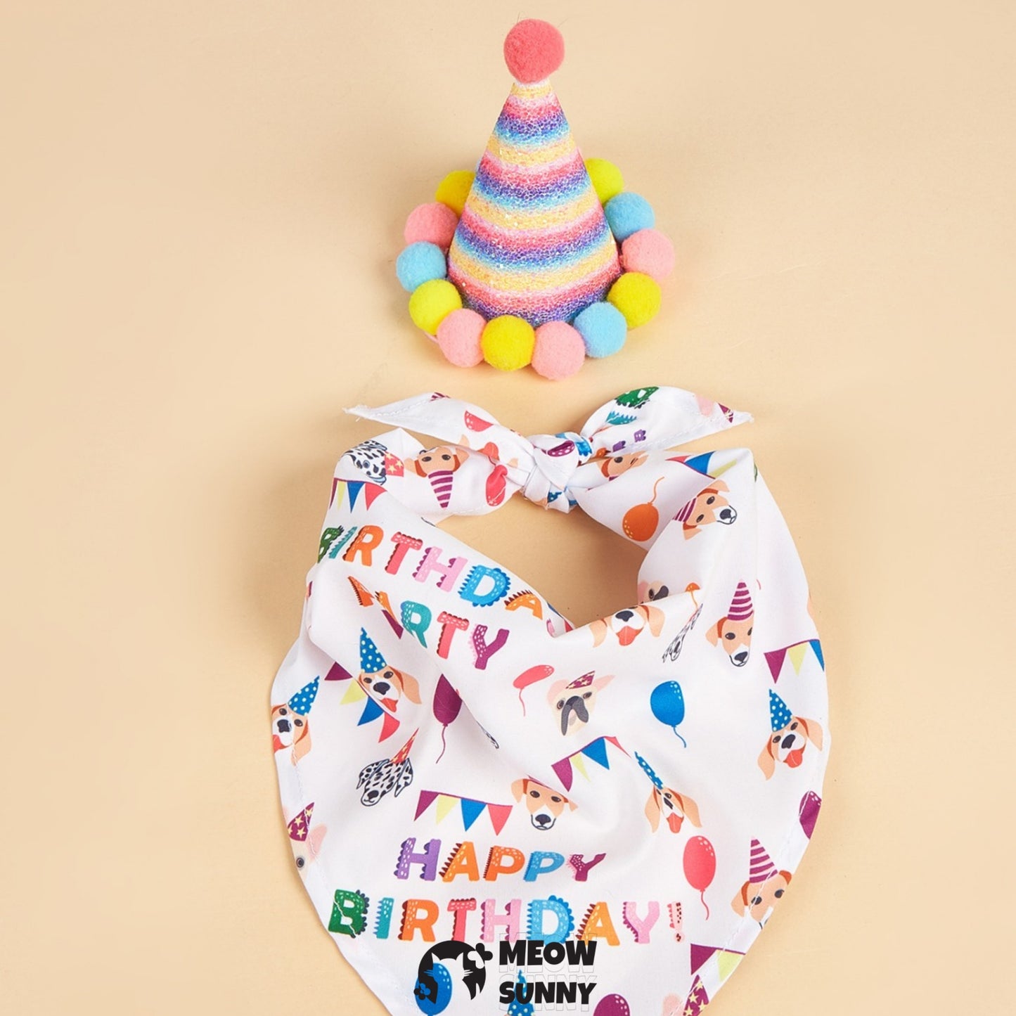 Happy Birthday Dog & Cat Hat and Triangle Bib, Medium