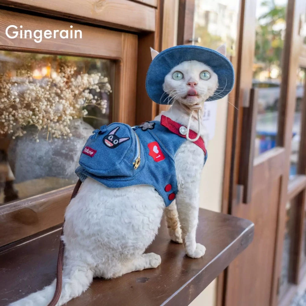 Solid Color Denim Cartoon Cat Chest Strap Set with Hat