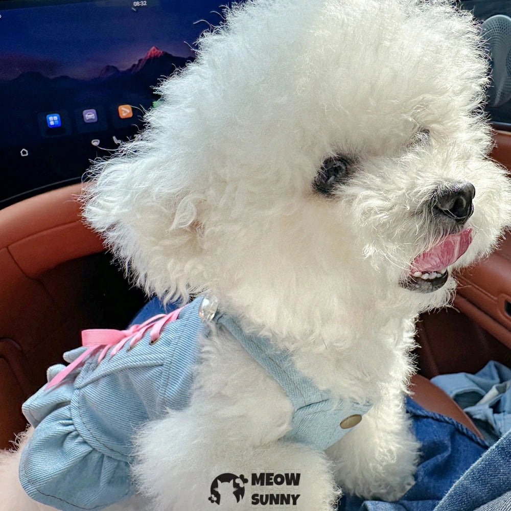 Summer Dog Princess Denim Dress with Pink Tie