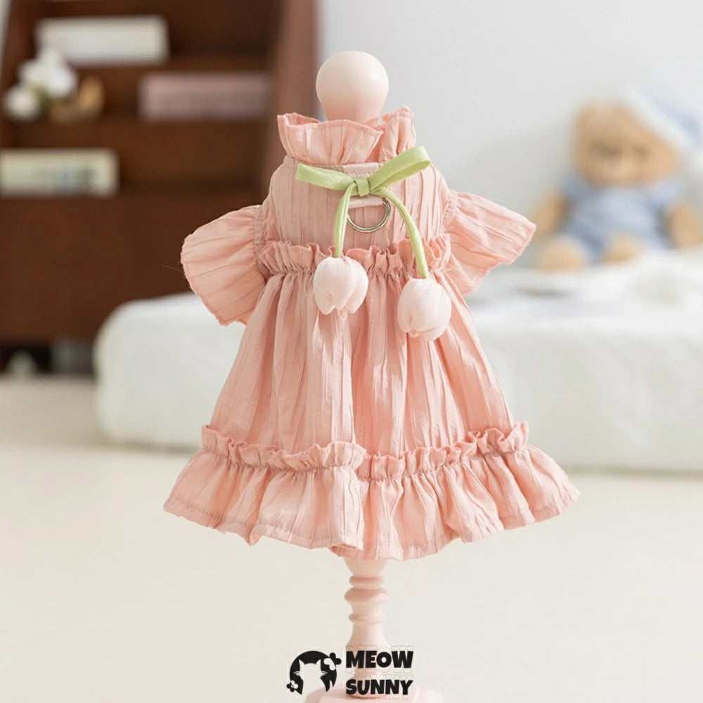 Adorable Ruffles Dog Dress with Bow Summer Pet Skirt Soft Breathable