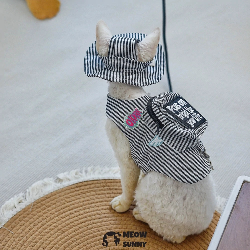 Black and white striped cat leash and harness set with hat