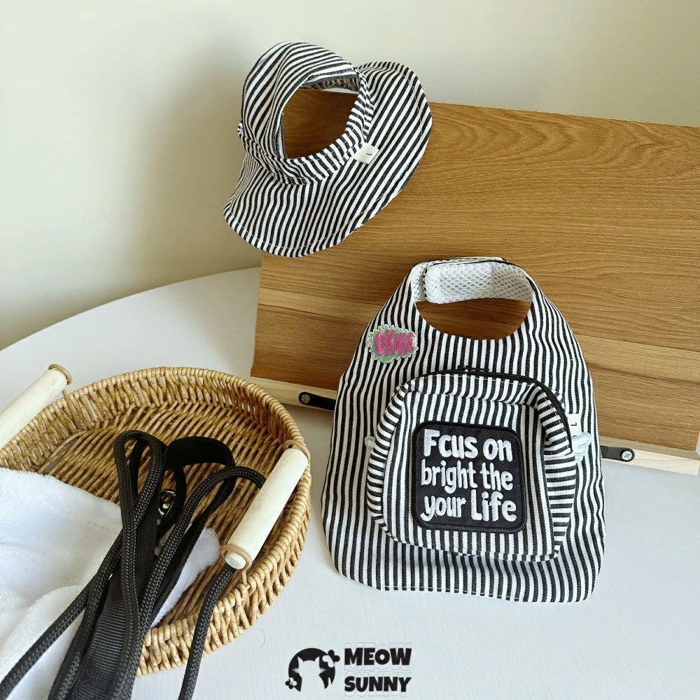 Black and white striped cat leash and harness set with hat