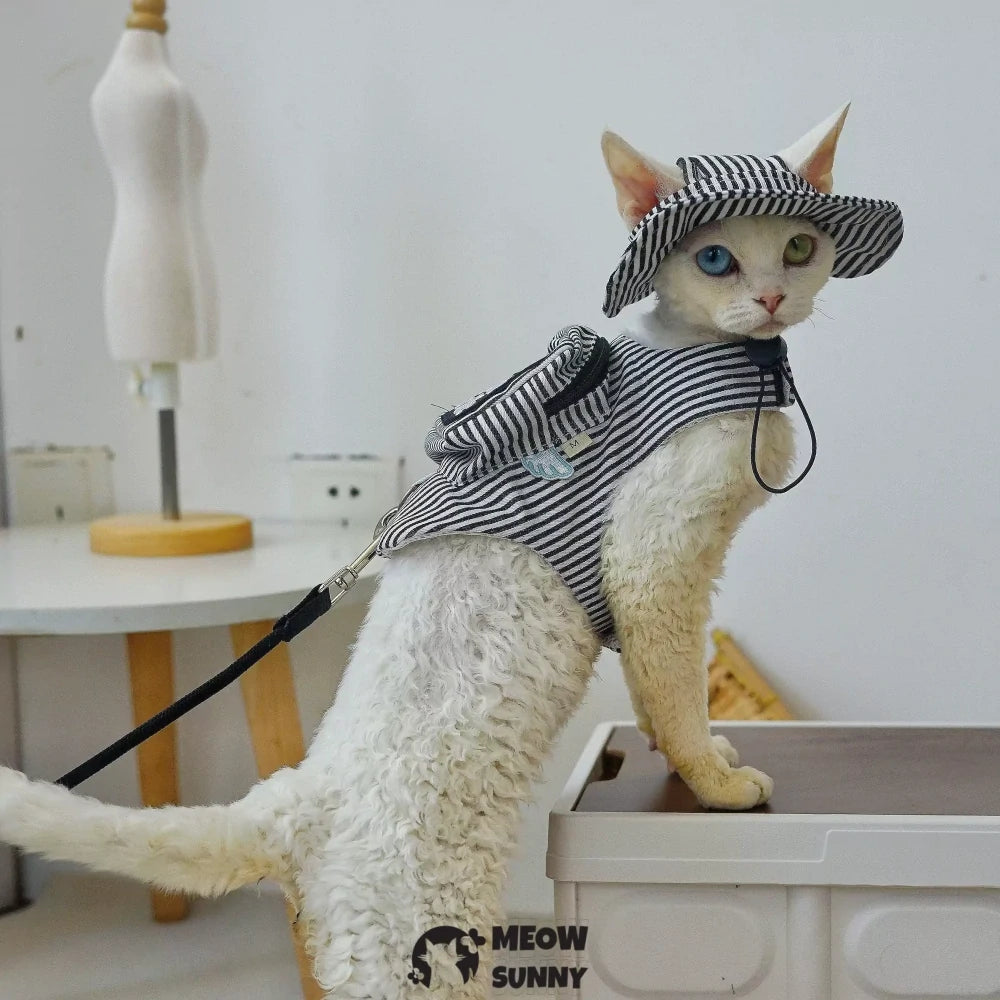 Black and white striped cat leash and harness set with hat