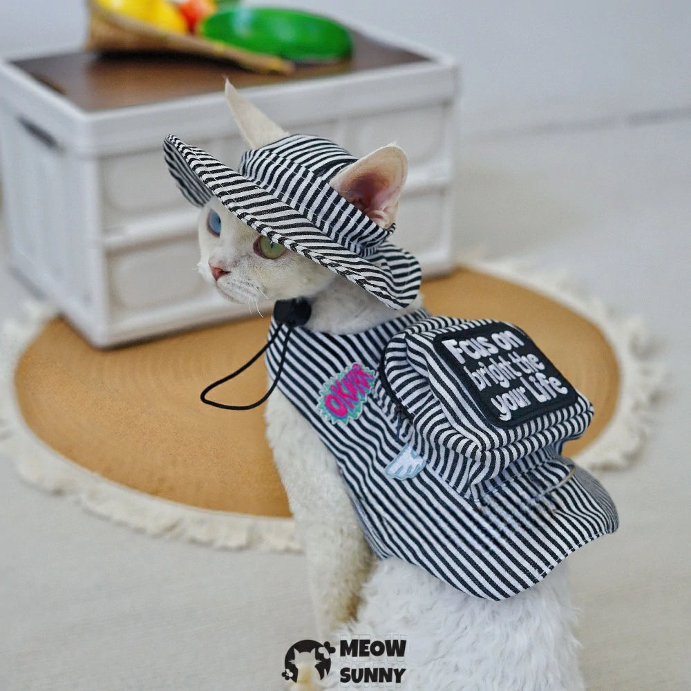 Black and white striped cat leash and harness set with hat