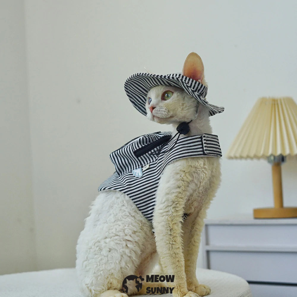 Black and white striped cat leash and harness set with hat