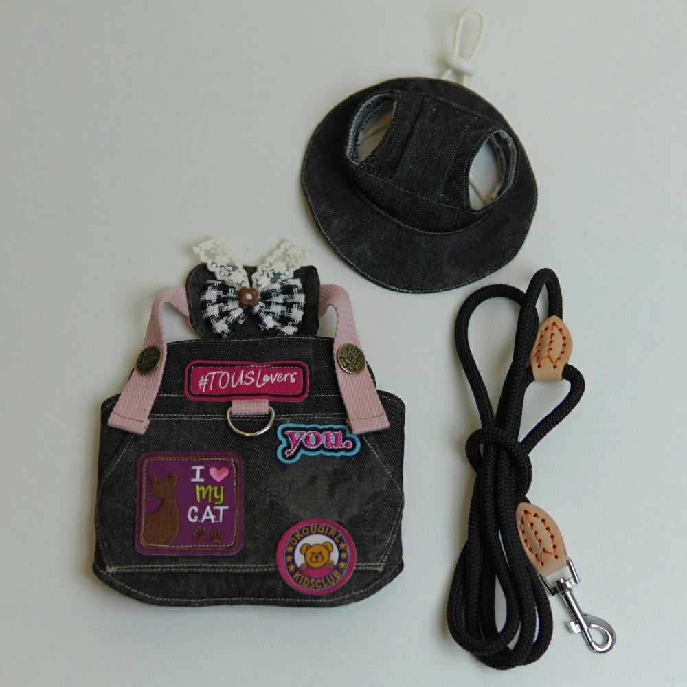 Black denim with cat cartoon patch and chest leash set including hat