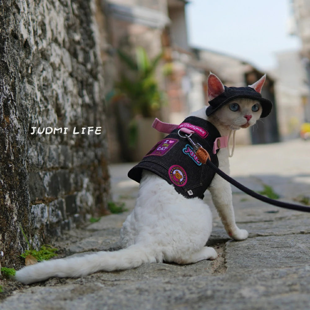 Black denim with cat cartoon patch and chest leash set including hat