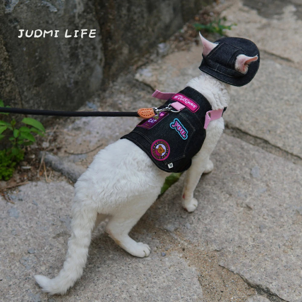 Black denim with cat cartoon patch and chest leash set including hat