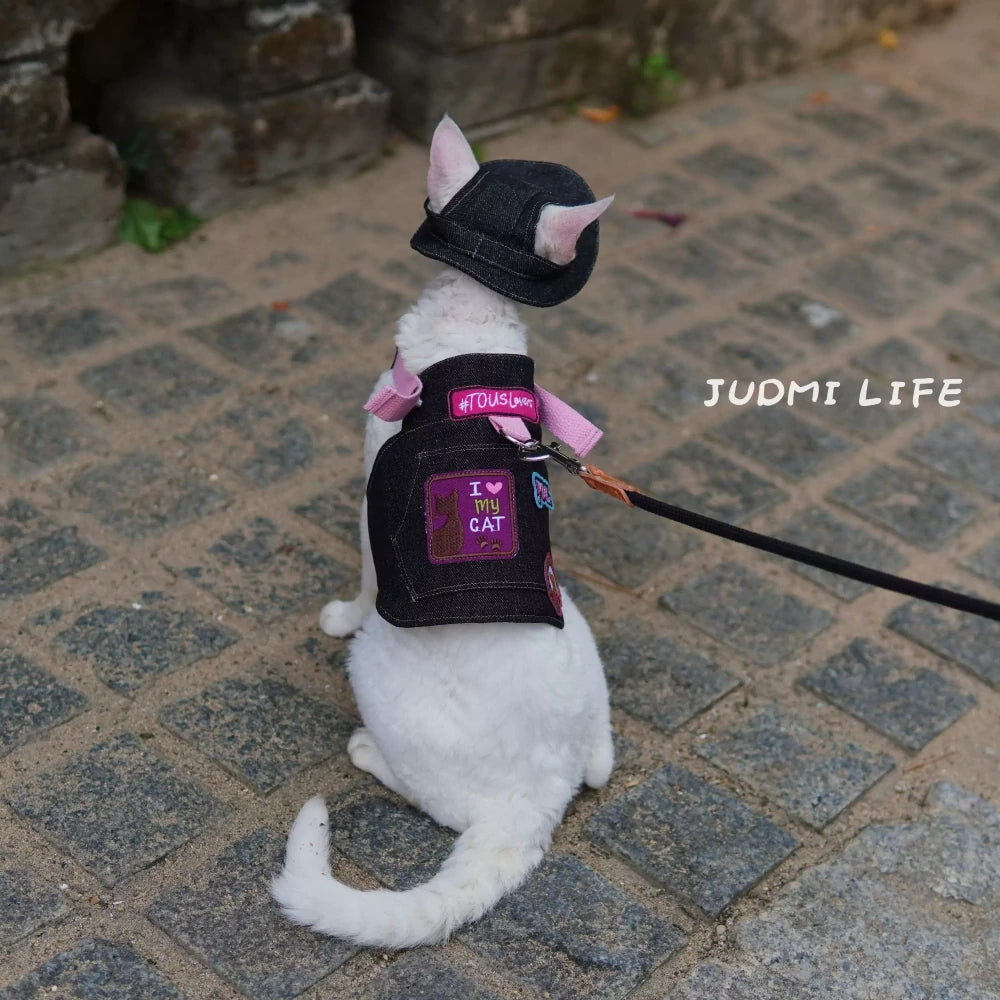 Black denim with cat cartoon patch and chest leash set including hat