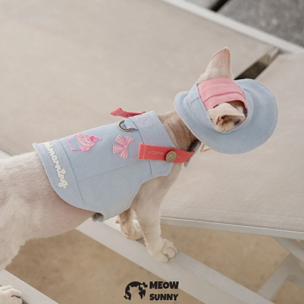 Blue and pink ice cream pattern cat chest harness set with hood