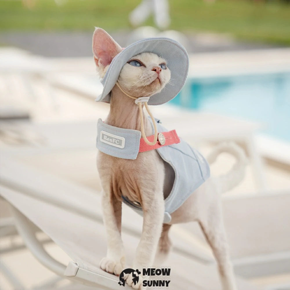 Blue and pink ice cream pattern cat chest harness set with hood