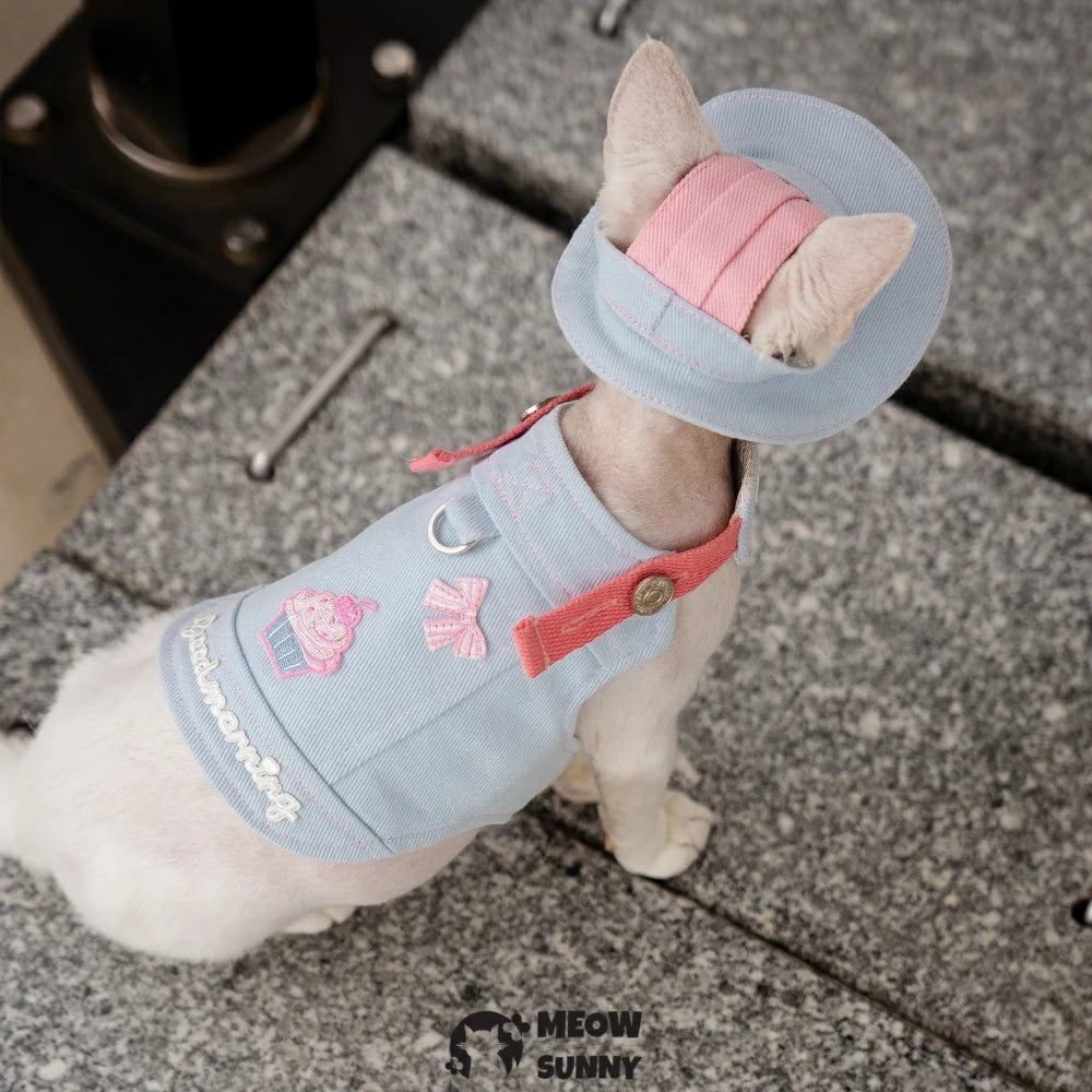 Blue and pink ice cream pattern cat chest harness set with hood