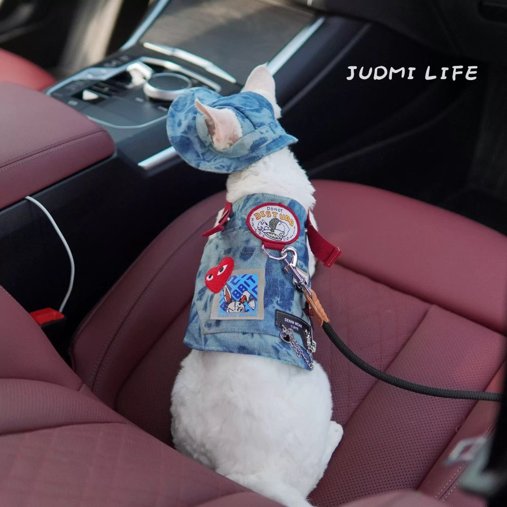 Blue denim with cat cartoon patch and chest leash set including hat