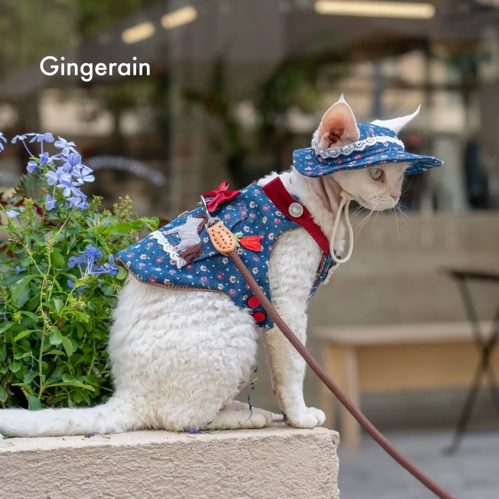 Blue floral bow cat denim chest strap suit with hat