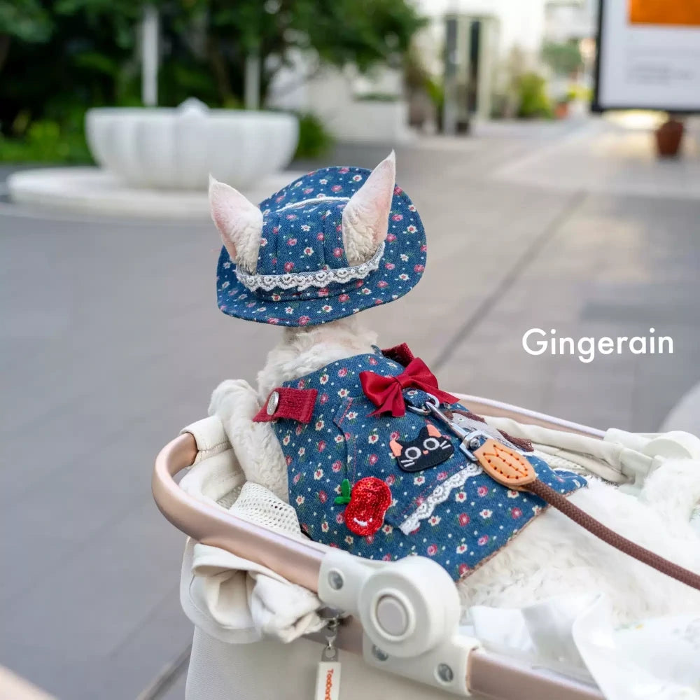 Blue floral bow cat denim chest strap suit with hat
