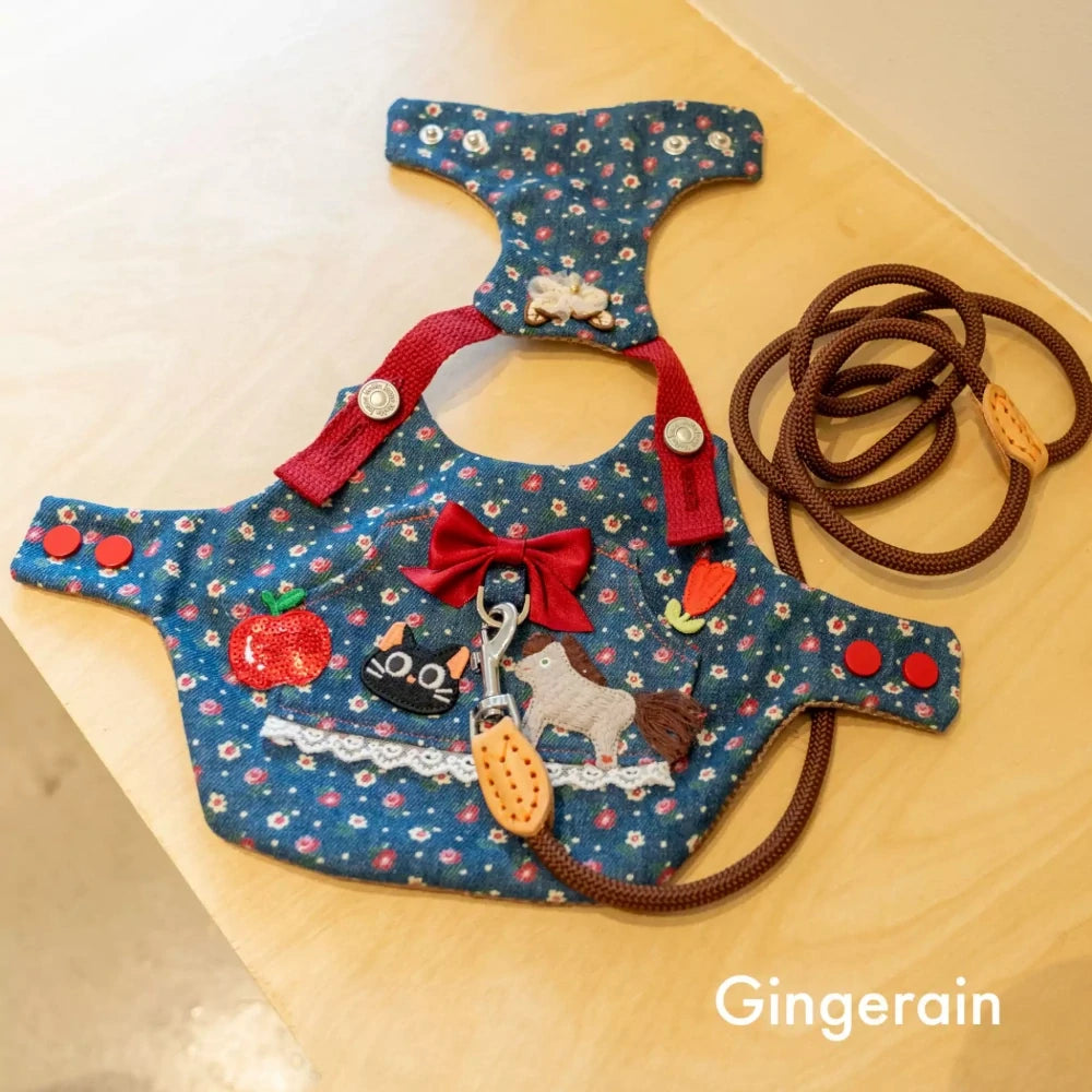 Blue floral bow cat denim chest strap suit with hat