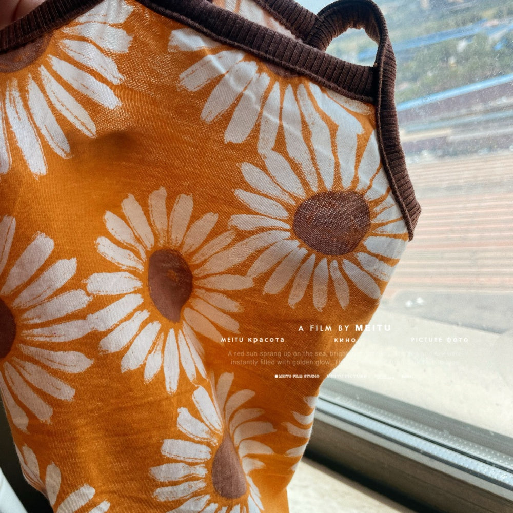 Breathable Summer Cotton Sundress with Sunflower Print Sleeveless Skirt