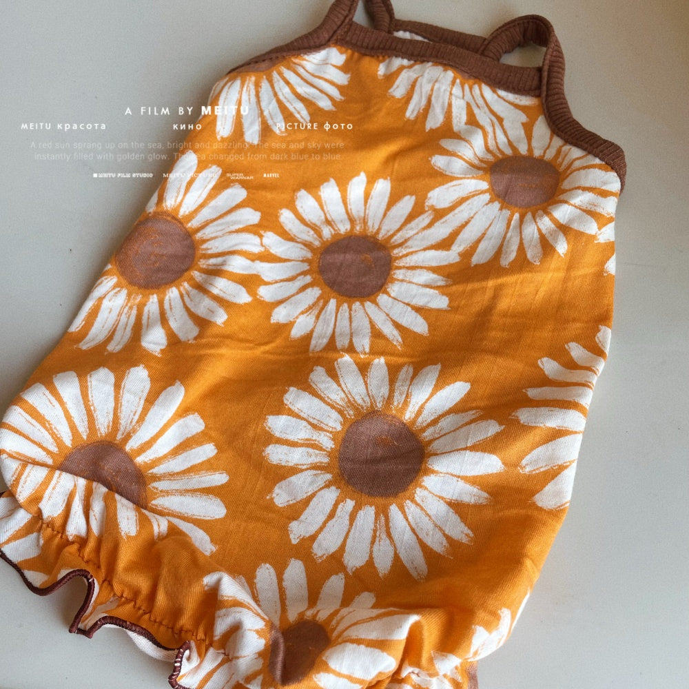 Breathable Summer Cotton Sundress with Sunflower Print Sleeveless Skirt
