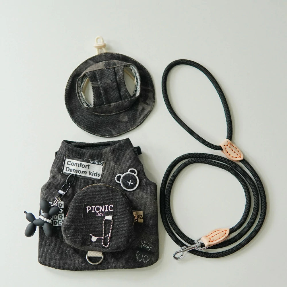 Cat Black Denim Chest Leash Set Includes Hat