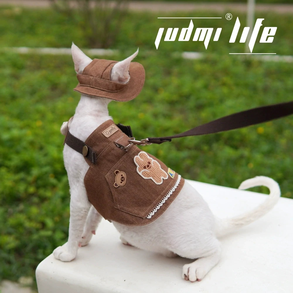 Cat Brown Canvas Cartoon Patch Chest Leash Set Includes Hat