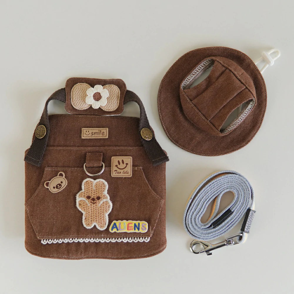 Cat Brown Canvas Cartoon Patch Chest Leash Set Includes Hat