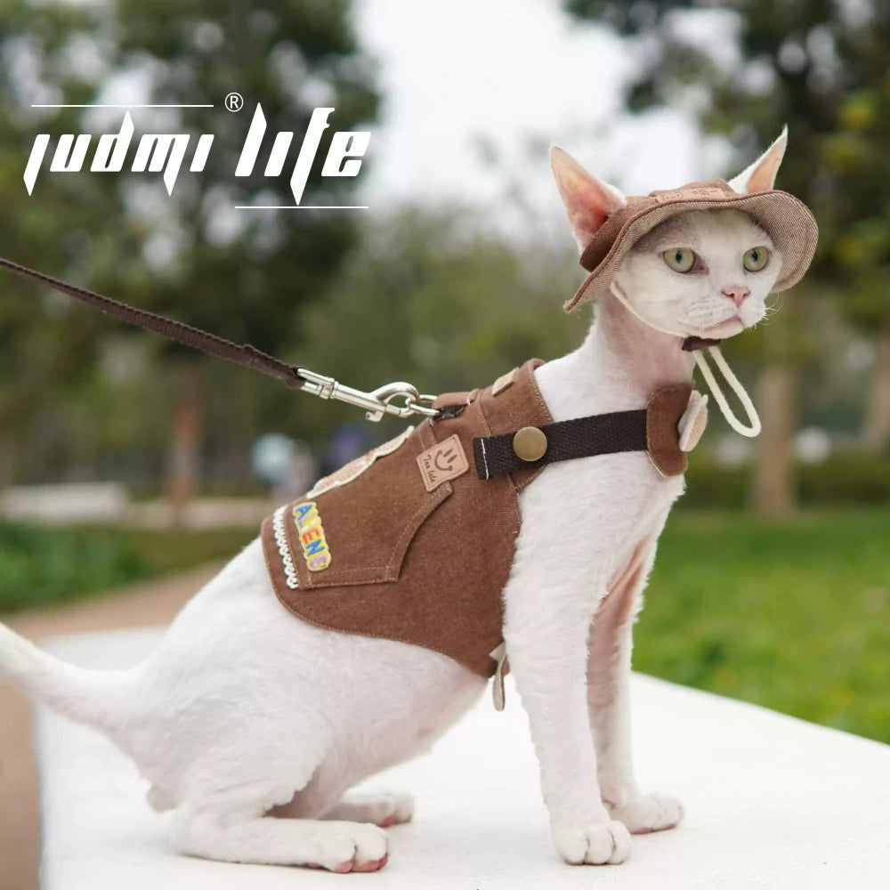 Cat Brown Canvas Cartoon Patch Chest Leash Set Includes Hat