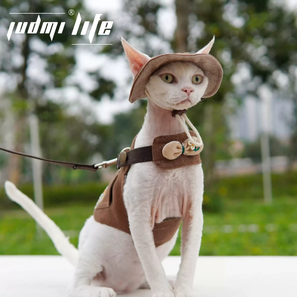 Cat Brown Canvas Cartoon Patch Chest Leash Set Includes Hat