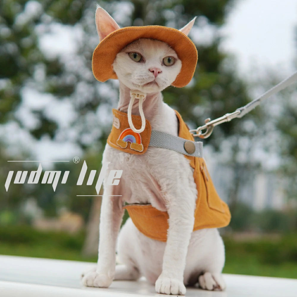 Cat Orange Canvas Chest Leash Set Includes Hat