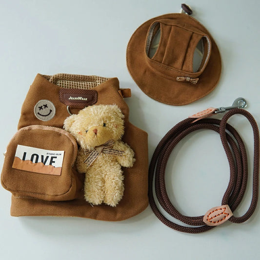 Cat Orange Canvas Chest Leash Set Includes Hat