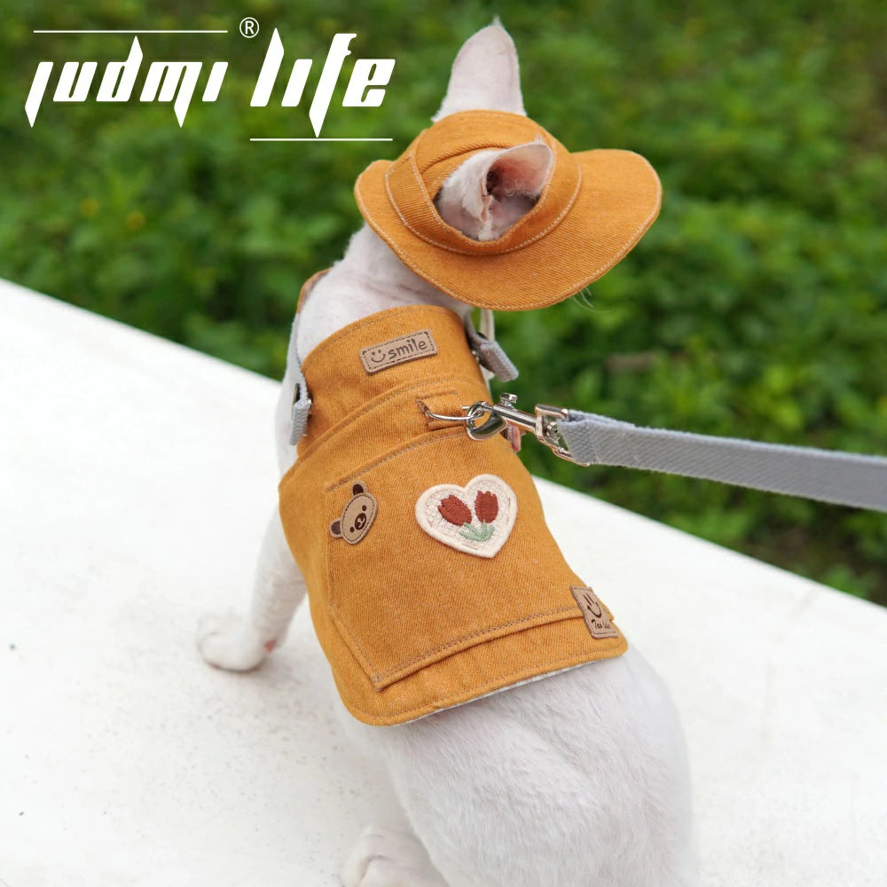 Cat Orange Canvas Chest Leash Set Includes Hat
