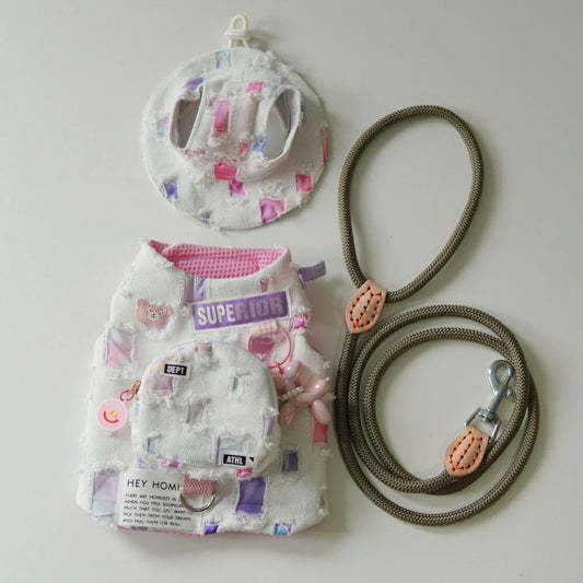 Cat Pink Canvas Cartoon Patch Chest Leash Set Includes Hat