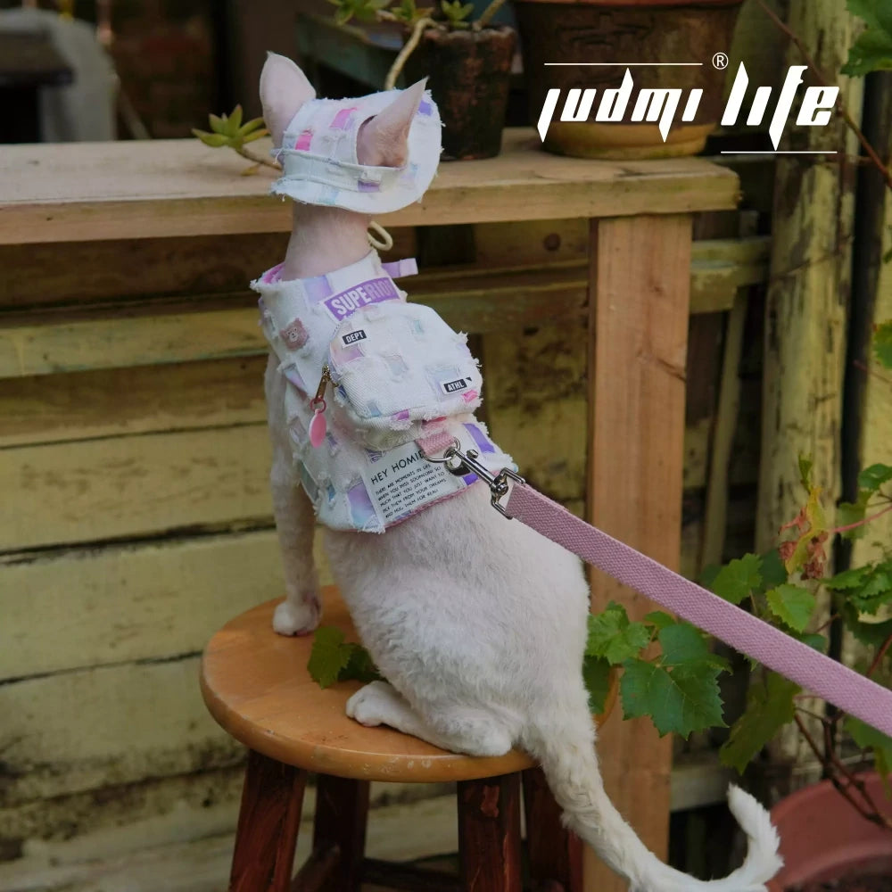 Cat Pink Canvas Cartoon Patch Chest Leash Set Includes Hat