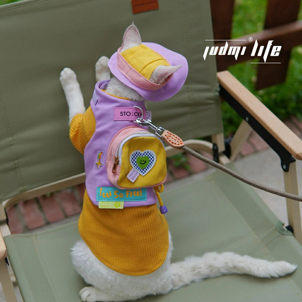 Cat Summer Orange Shirt Cartoon Chest Leash Set with Hat