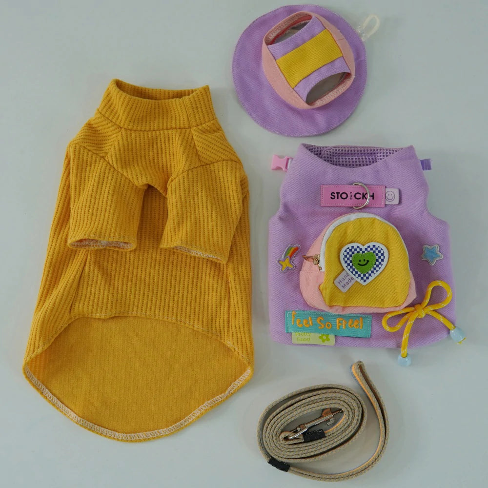Cat Summer Orange Shirt Cartoon Chest Leash Set with Hat