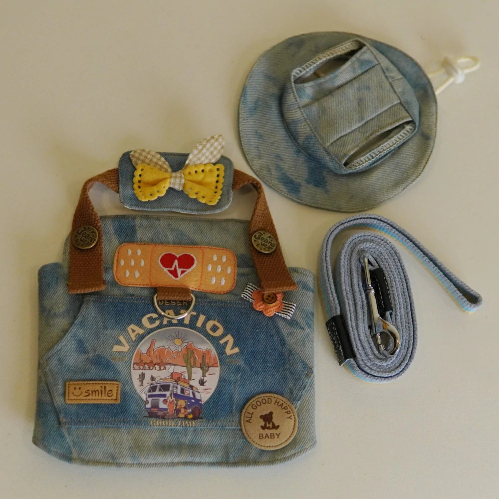 Cat denim chest leash set includes hat