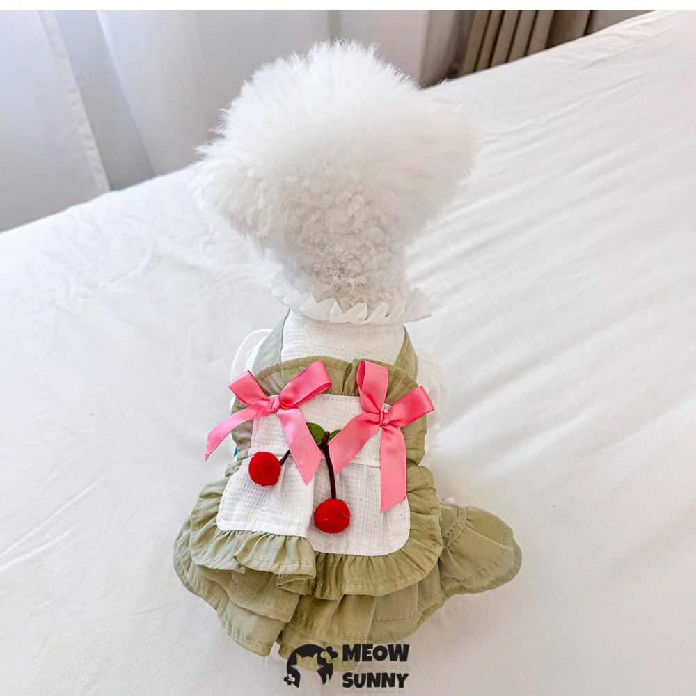 Cherry Cake Skirt Pet Clothes Green Pastoral Style Dog Princess Skirt