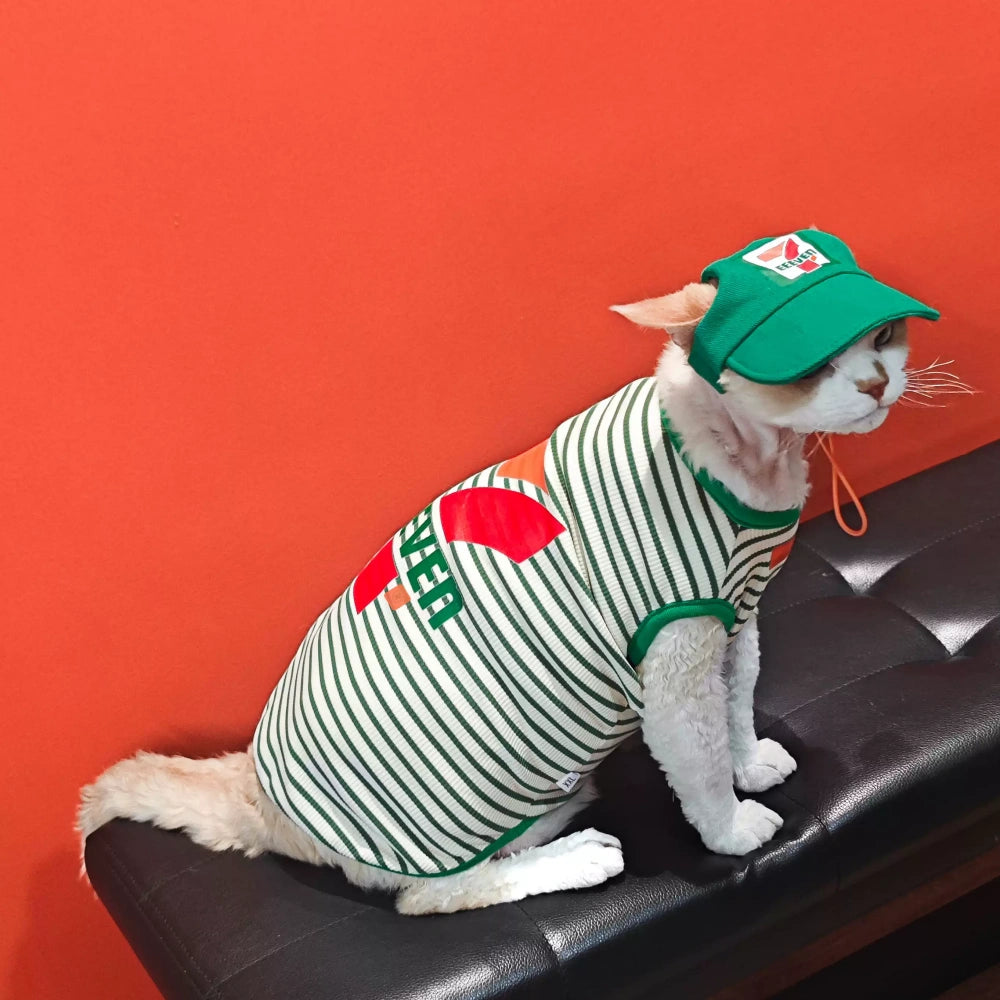 Convenience store sphinx cat clothes, Devon Rex, Green with hat