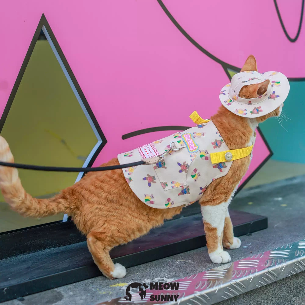 Cute Bear Pattern Cat Leash and Harness Set with Hat