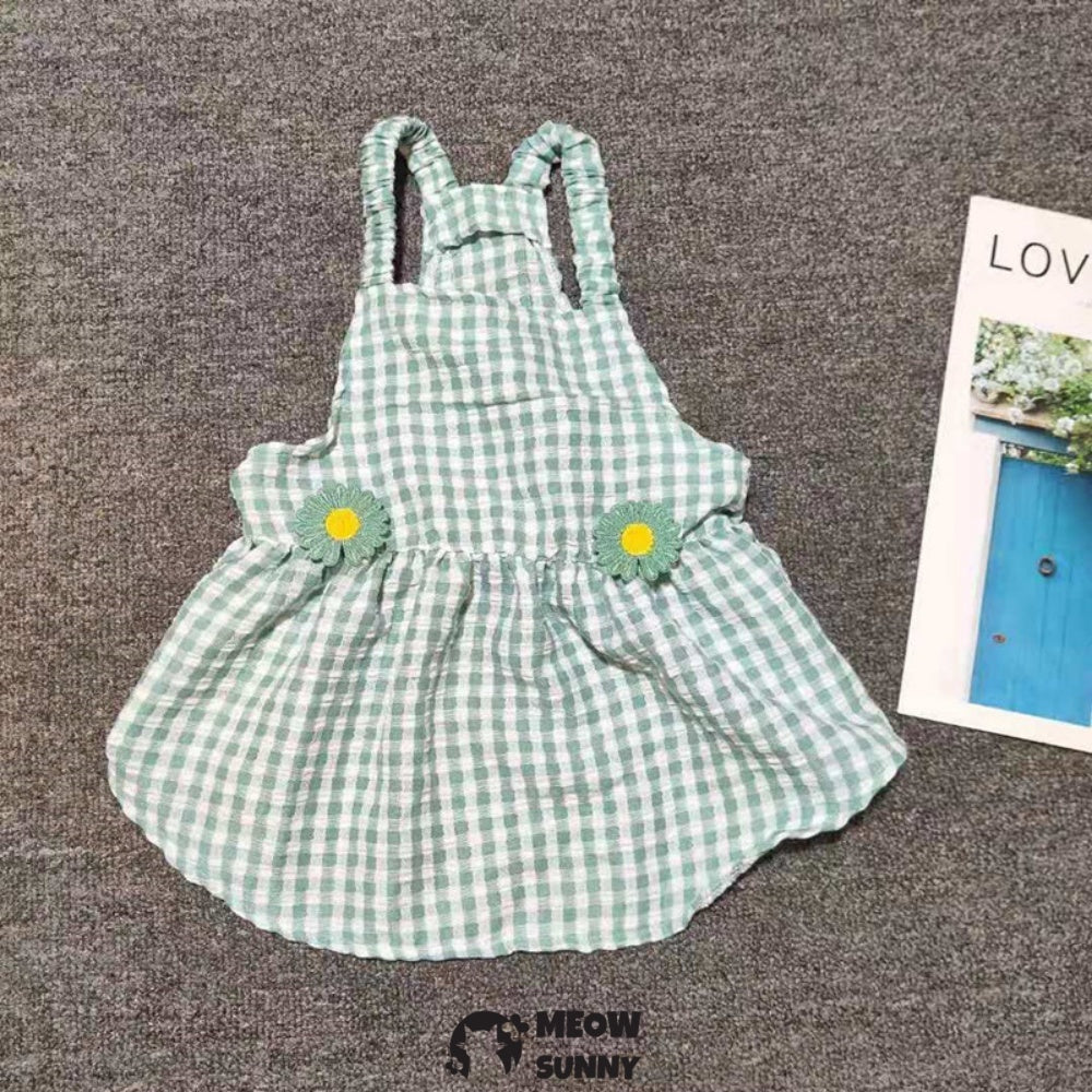 Cute Plaid Dog Dress Set with Bow Tie Harness Leash for Small Dogs