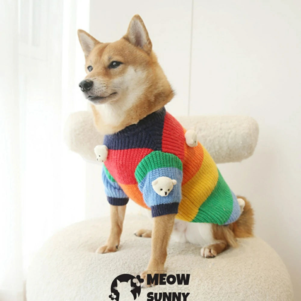 Dog Clothes Little Bear Rainbow Trendy Pet Thickened Sweater