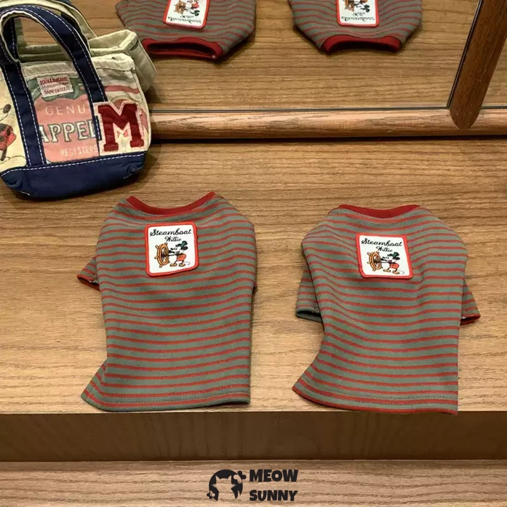 Dog pure cotton plus velvet warm striped cartoon T-shirt red