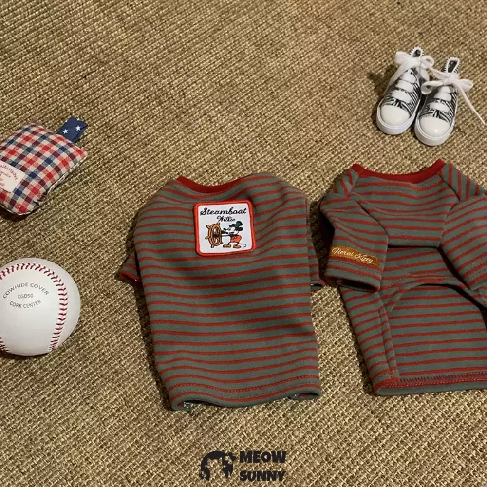 Dog pure cotton plus velvet warm striped cartoon T-shirt red