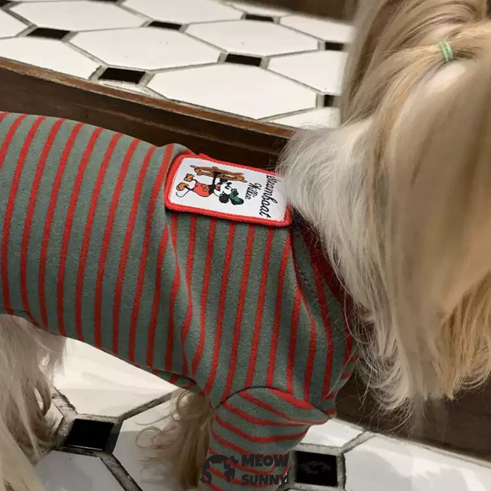 Dog pure cotton plus velvet warm striped cartoon T-shirt red