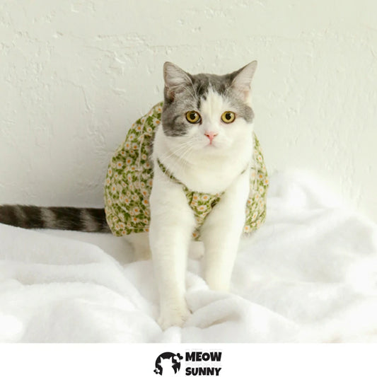 Floral Print Cat Dress with Satin Bow and Pearl for Cats