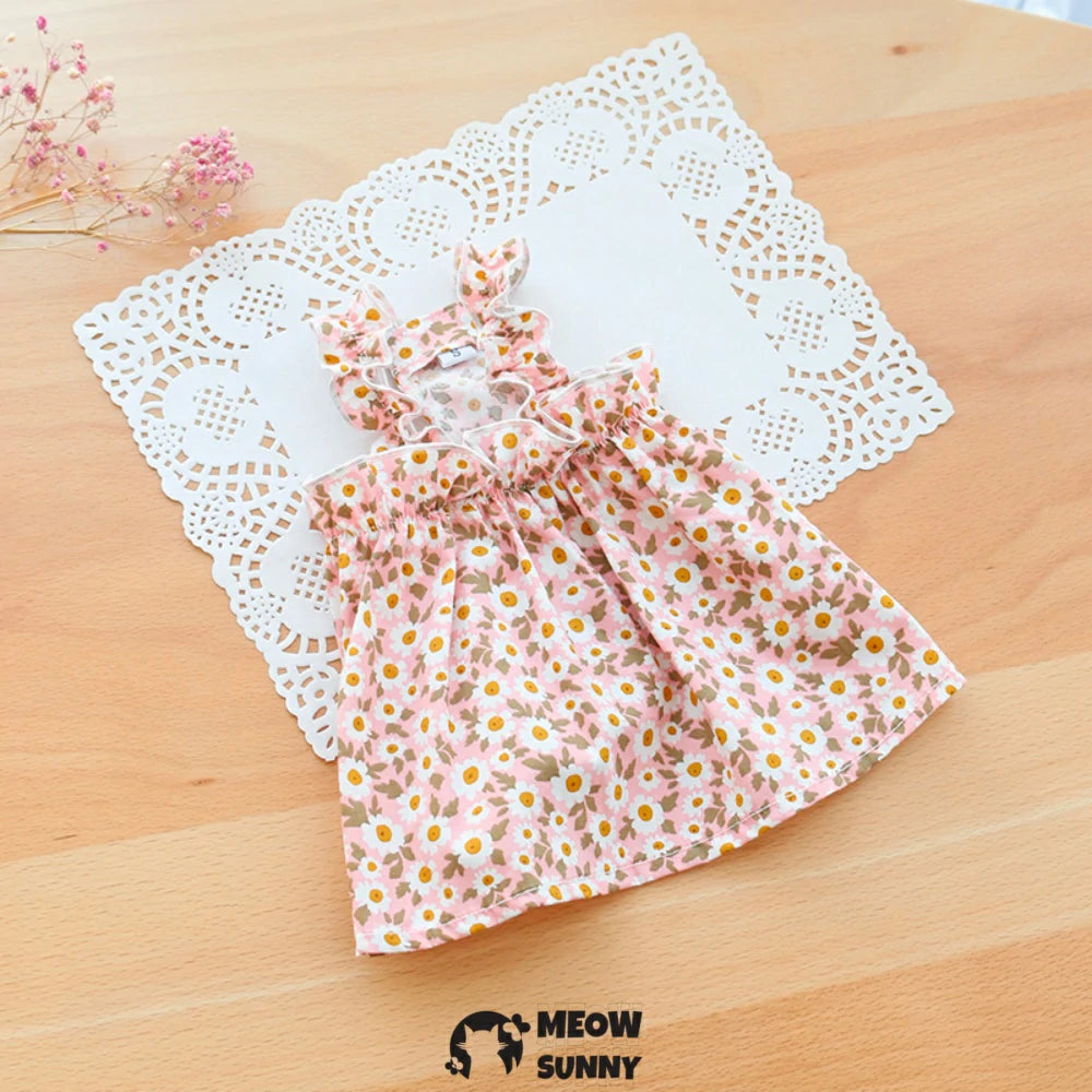 Floral Print Cat Dress with Satin Bow and Pearl for Cats