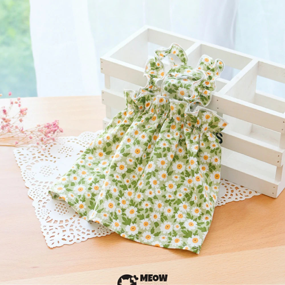 Floral Print Cat Dress with Satin Bow and Pearl for Cats